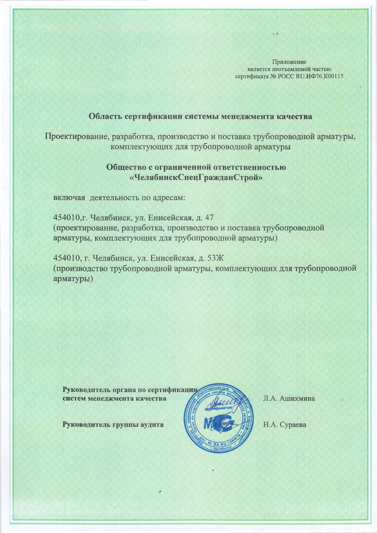 Приложение к Сертификату соответствия № 0024